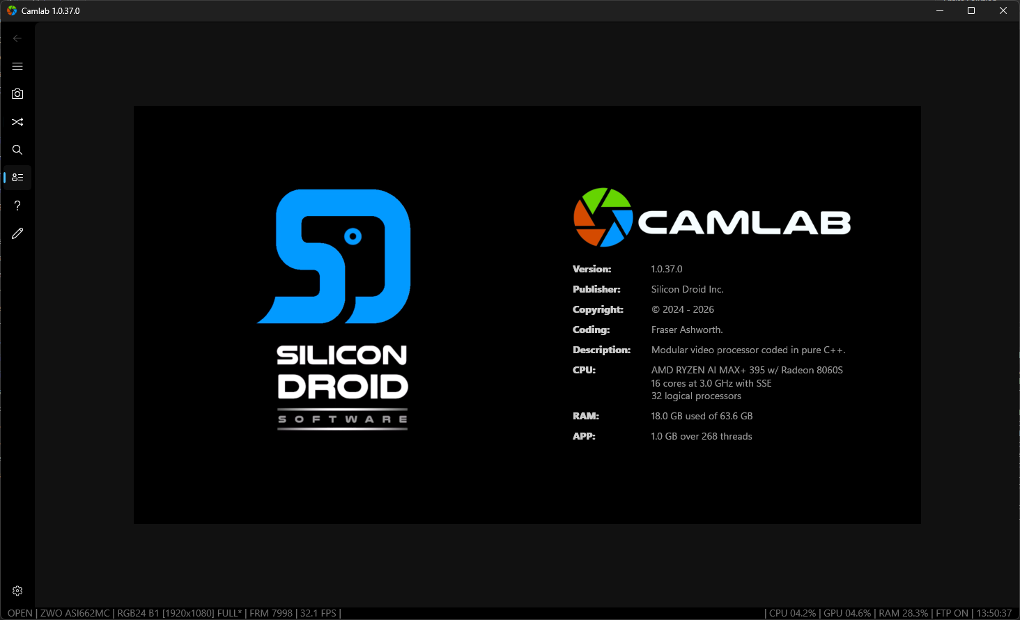CamLab About screen with app version and system performance details