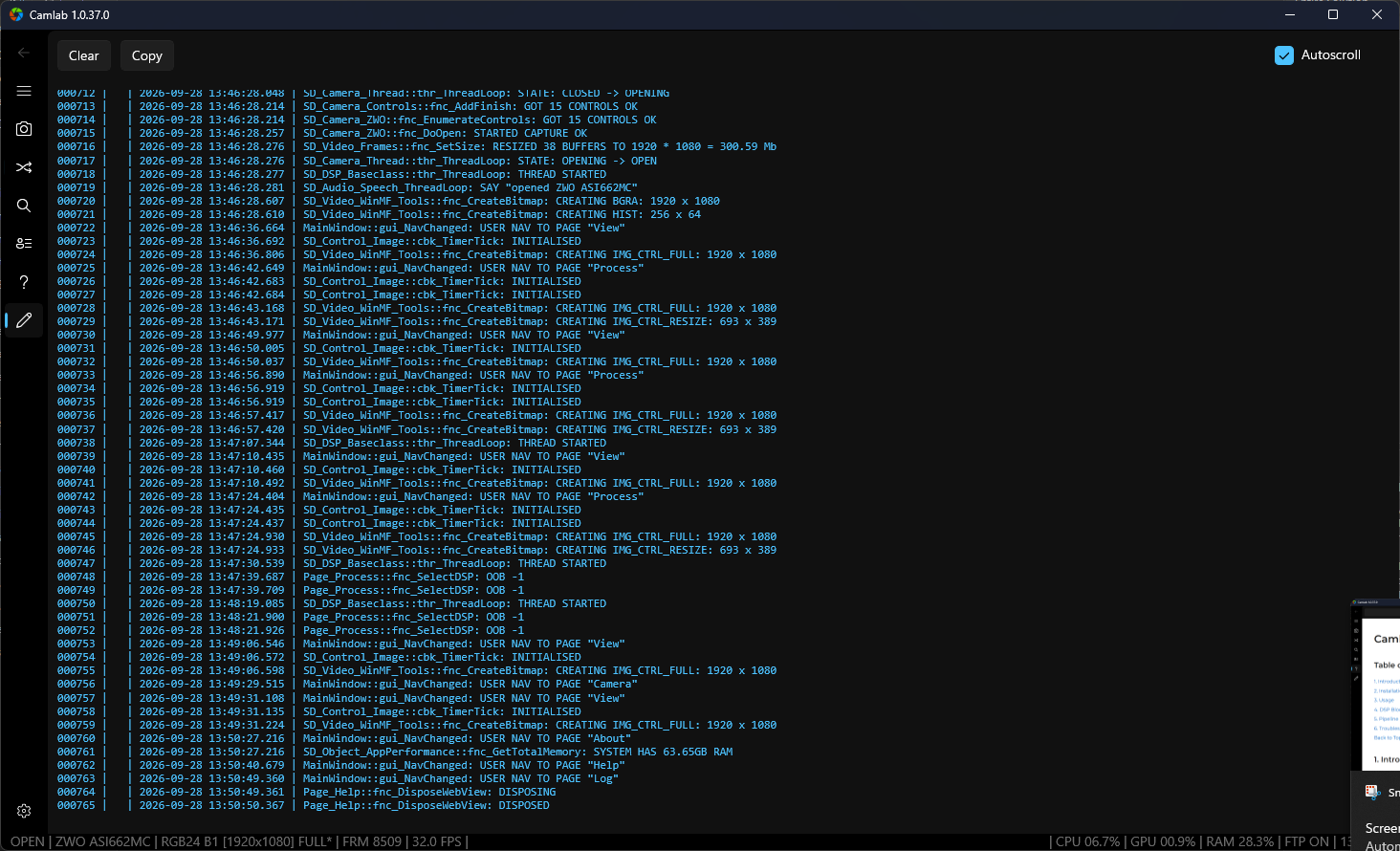 CamLab's live log showing camera status, capture, and processing events