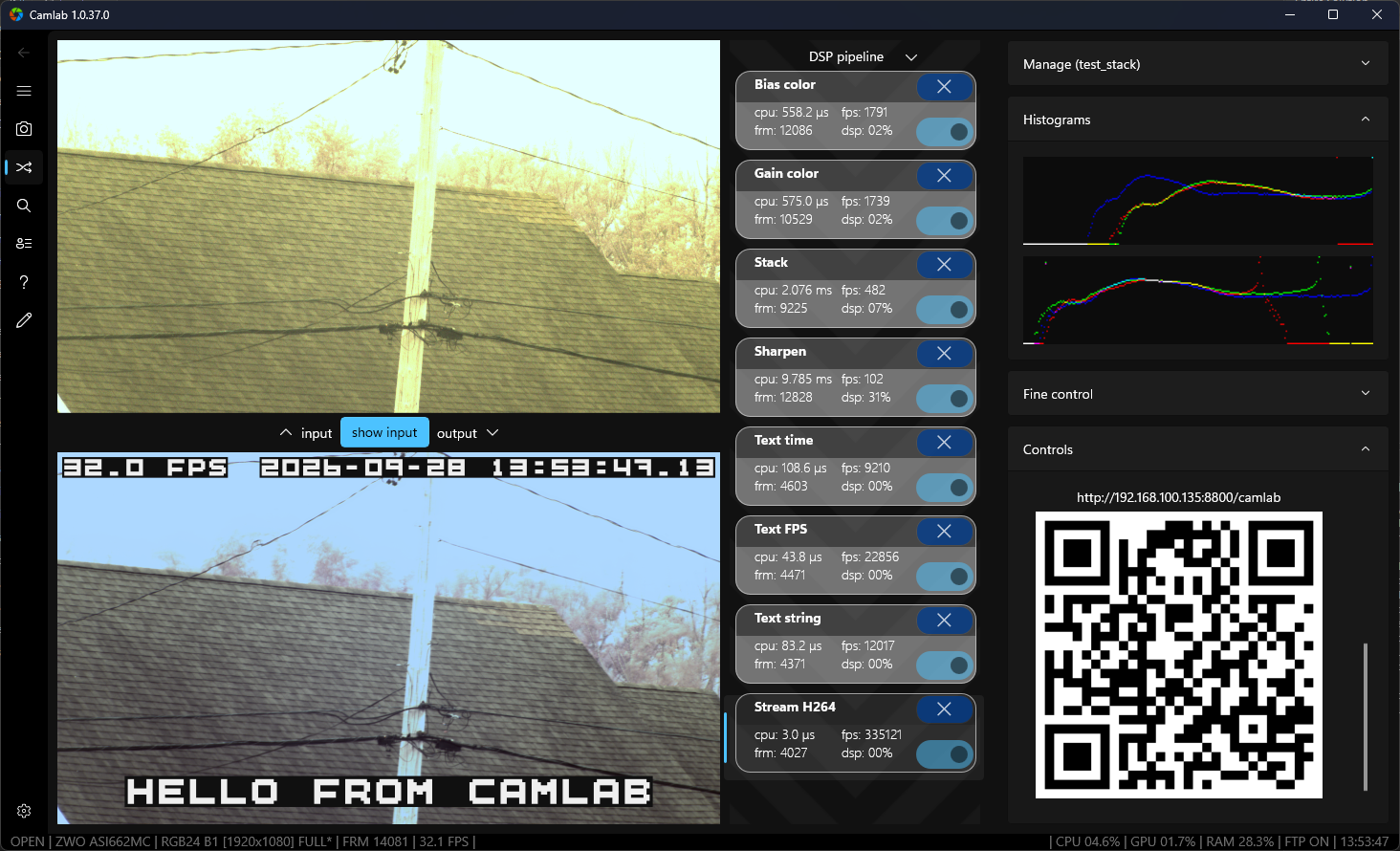 CamLab live camera view beside an editable DSP pipeline with color histograms and processing controls