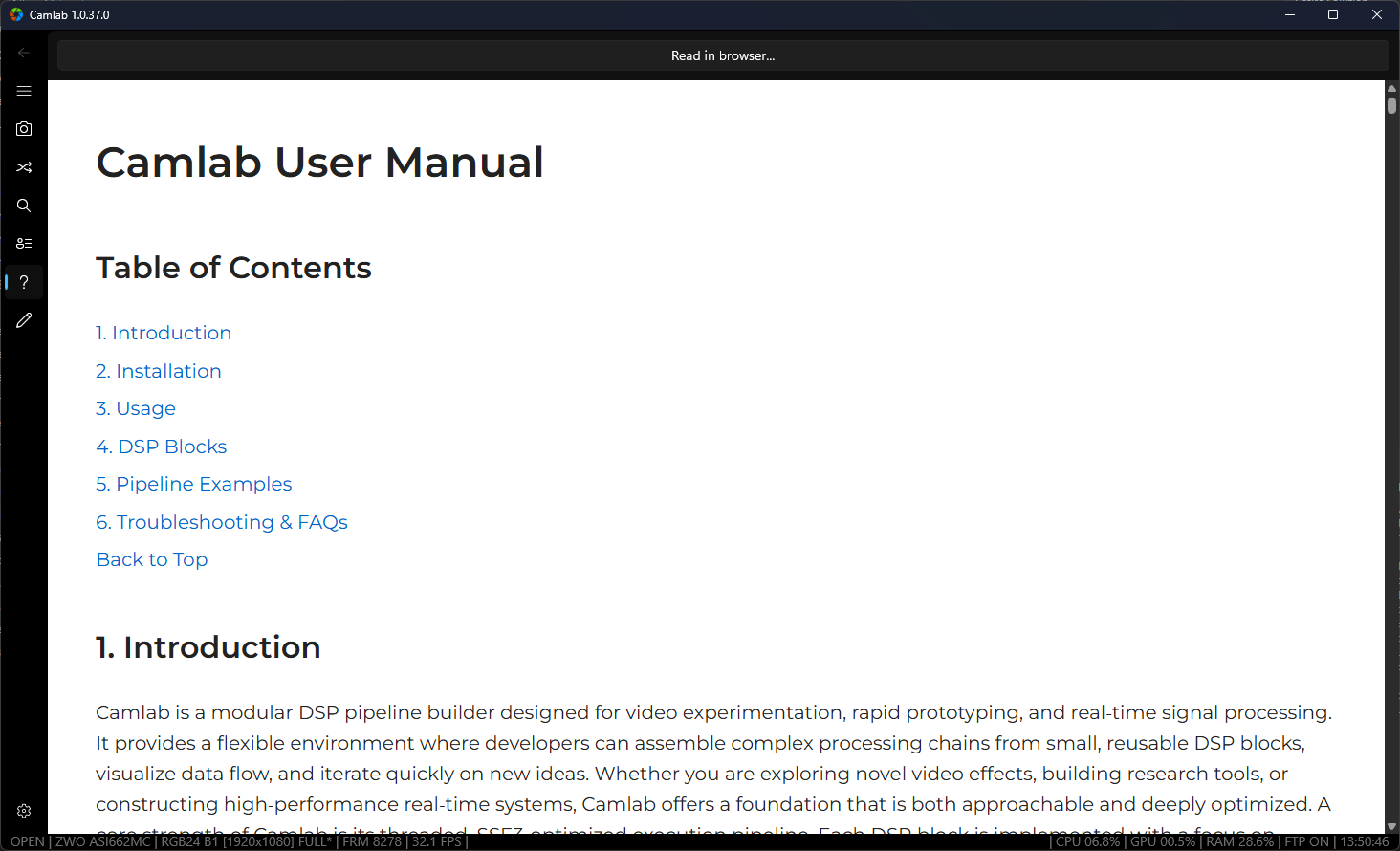 CamLab's built-in user manual with example workflows and DSP guidance